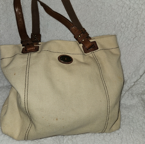 Fossil Tote and Matching Makeup Bag Canvas/Leather Brass - Picture 2 of 2